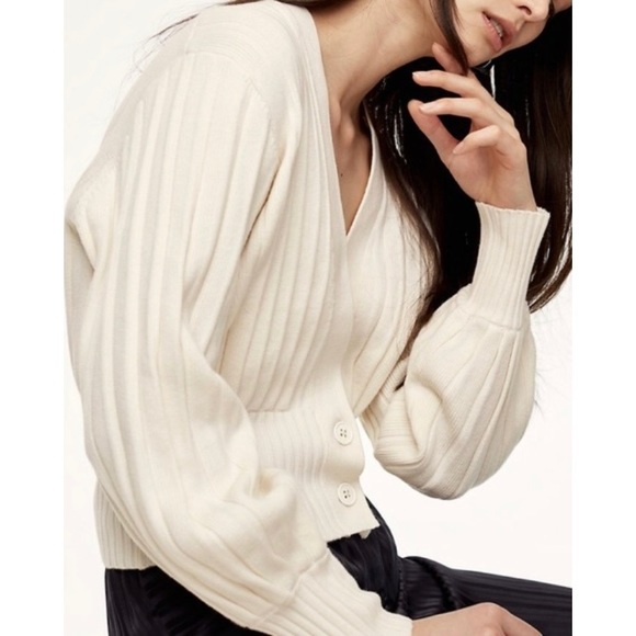 [Aritzia] Wilfred Thais Plunge Front Wool Cotton Crop Cardigan Oak - Picture 4 of 10